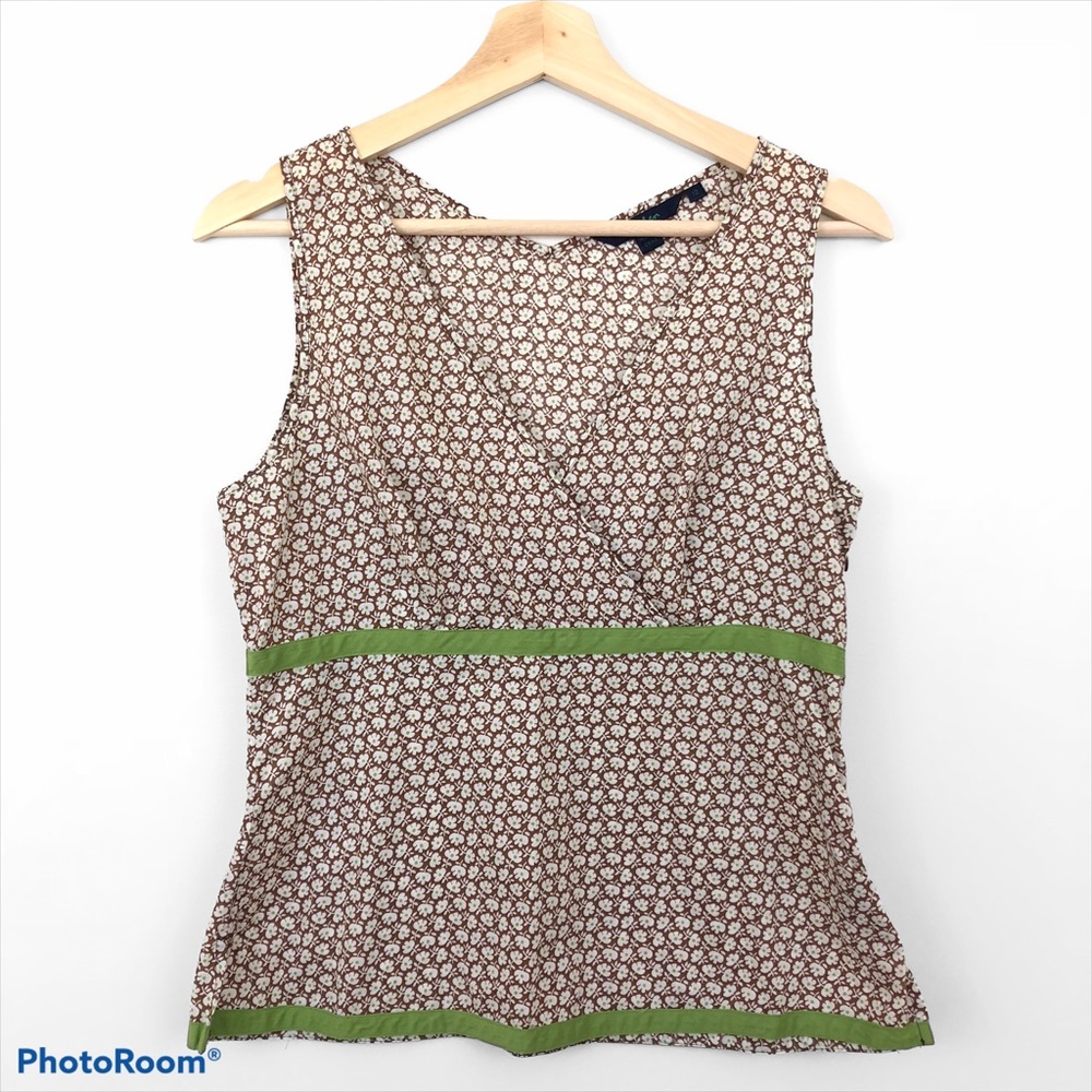 Boden Brown/Green Floral Faux Wrap Top